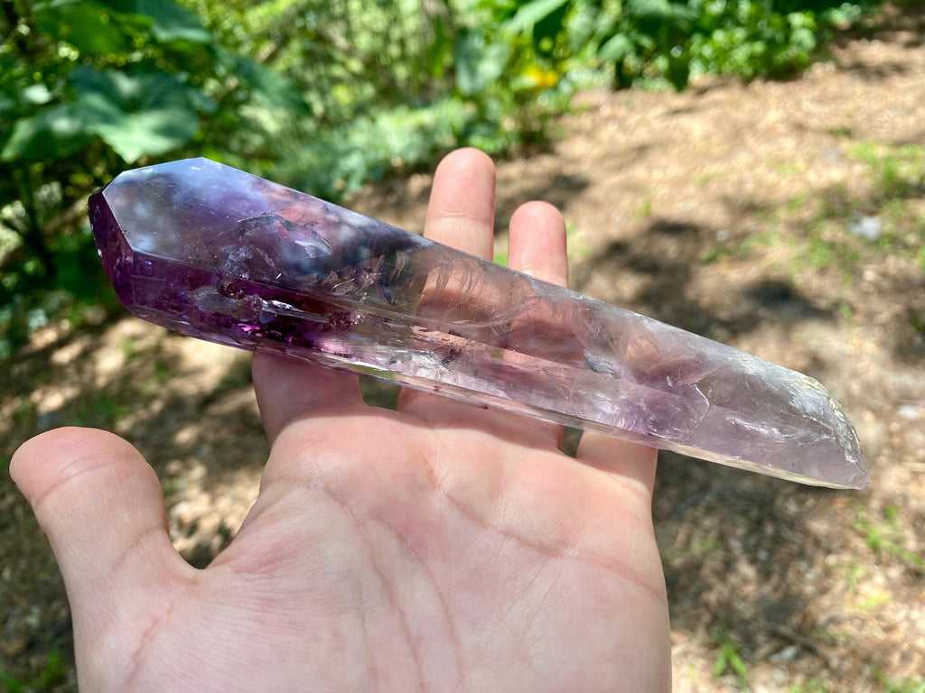 Polished Amethyst Crystal Wand: Brazilian Rainbow Phantom Quartz, stunning piece, great companion for energy work; reiki, Akash, chakras...