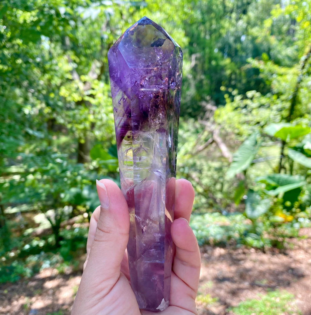 Polished Amethyst Crystal Wand: Brazilian Rainbow Phantom Quartz, stunning piece, great companion for energy work; reiki, Akash, chakras...