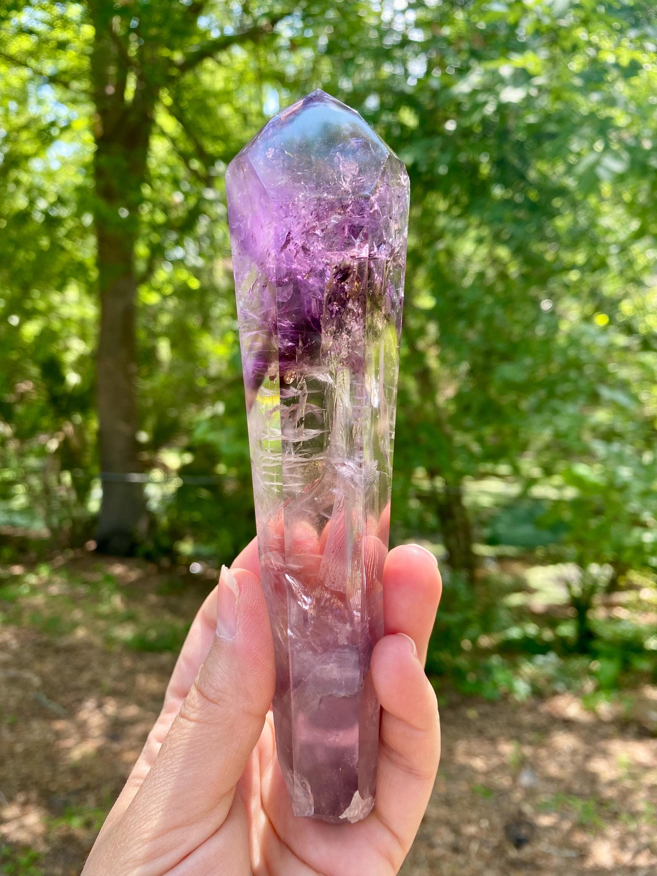 Polished Amethyst Crystal Wand: Brazilian Rainbow Phantom Quartz, stunning piece, great companion for energy work; reiki, Akash, chakras...
