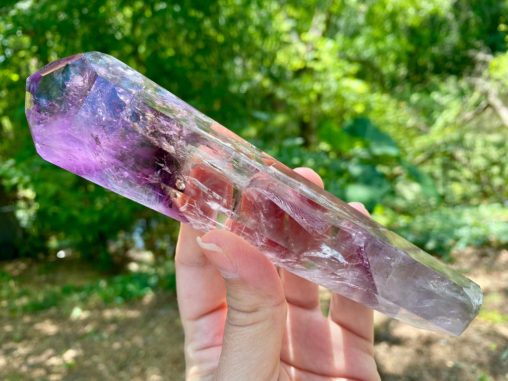 Polished Amethyst Crystal Wand: Brazilian Rainbow Phantom Quartz, stunning piece, great companion for energy work; reiki, Akash, chakras...