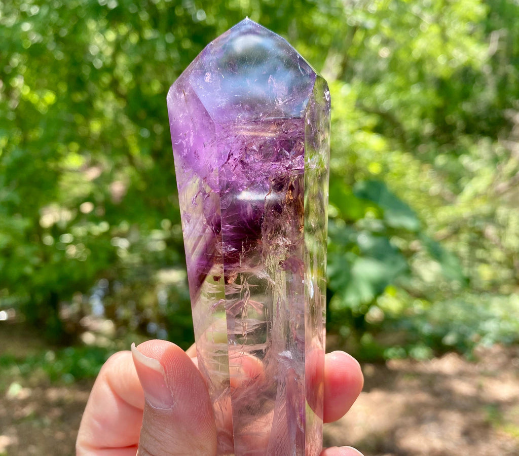 Polished Amethyst Crystal Wand: Brazilian Rainbow Phantom Quartz, stunning piece, great companion for energy work; reiki, Akash, chakras...