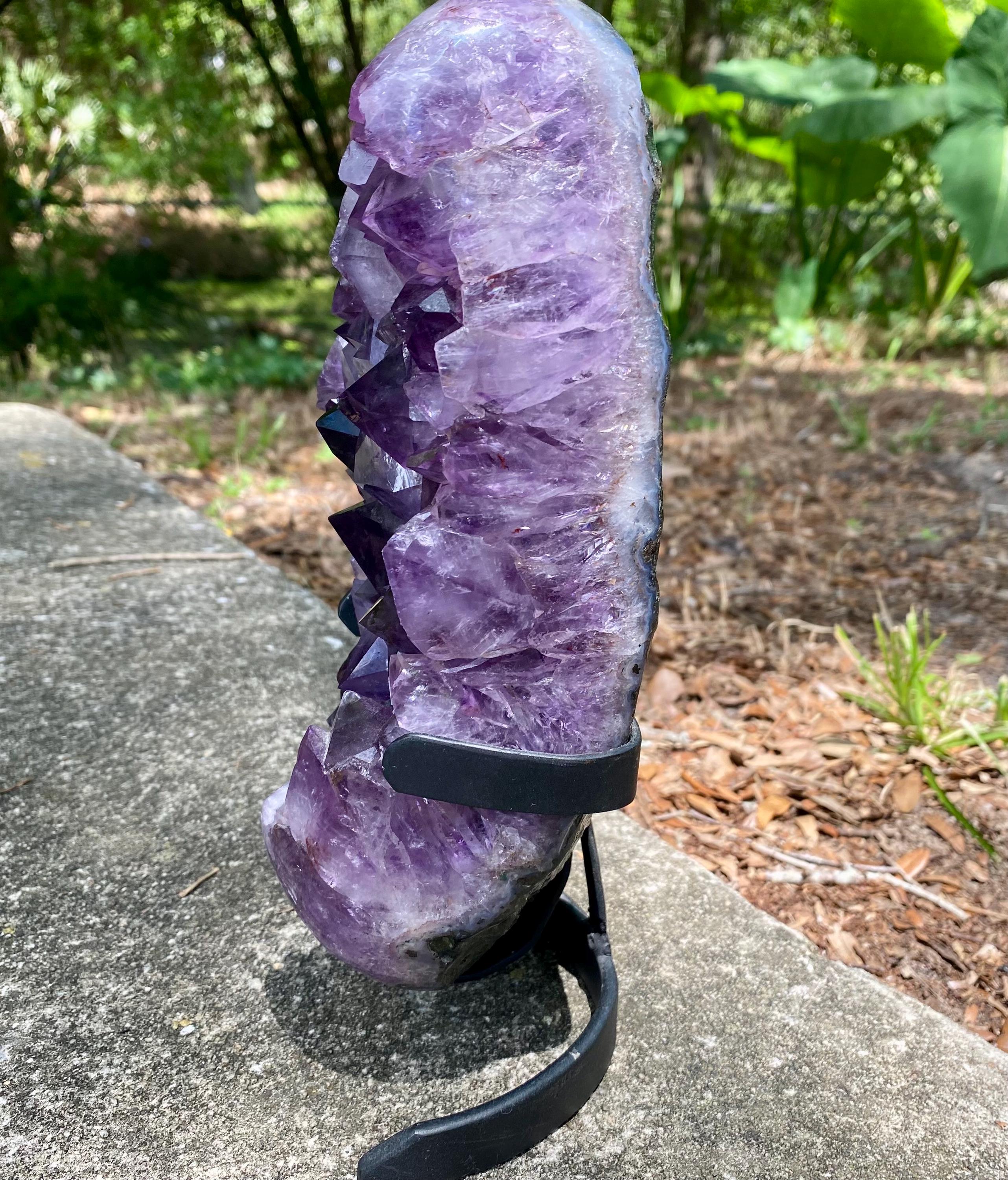 Extra Large Amethyst Crystal Geode with metal stand. Large Amethyst Cluster | Raw Purple Geode, High Vibration Stone, Spiritual Protection.