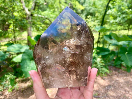 Large Smoky Quartz Crystal Point: Rainbow Phantom Inclusions