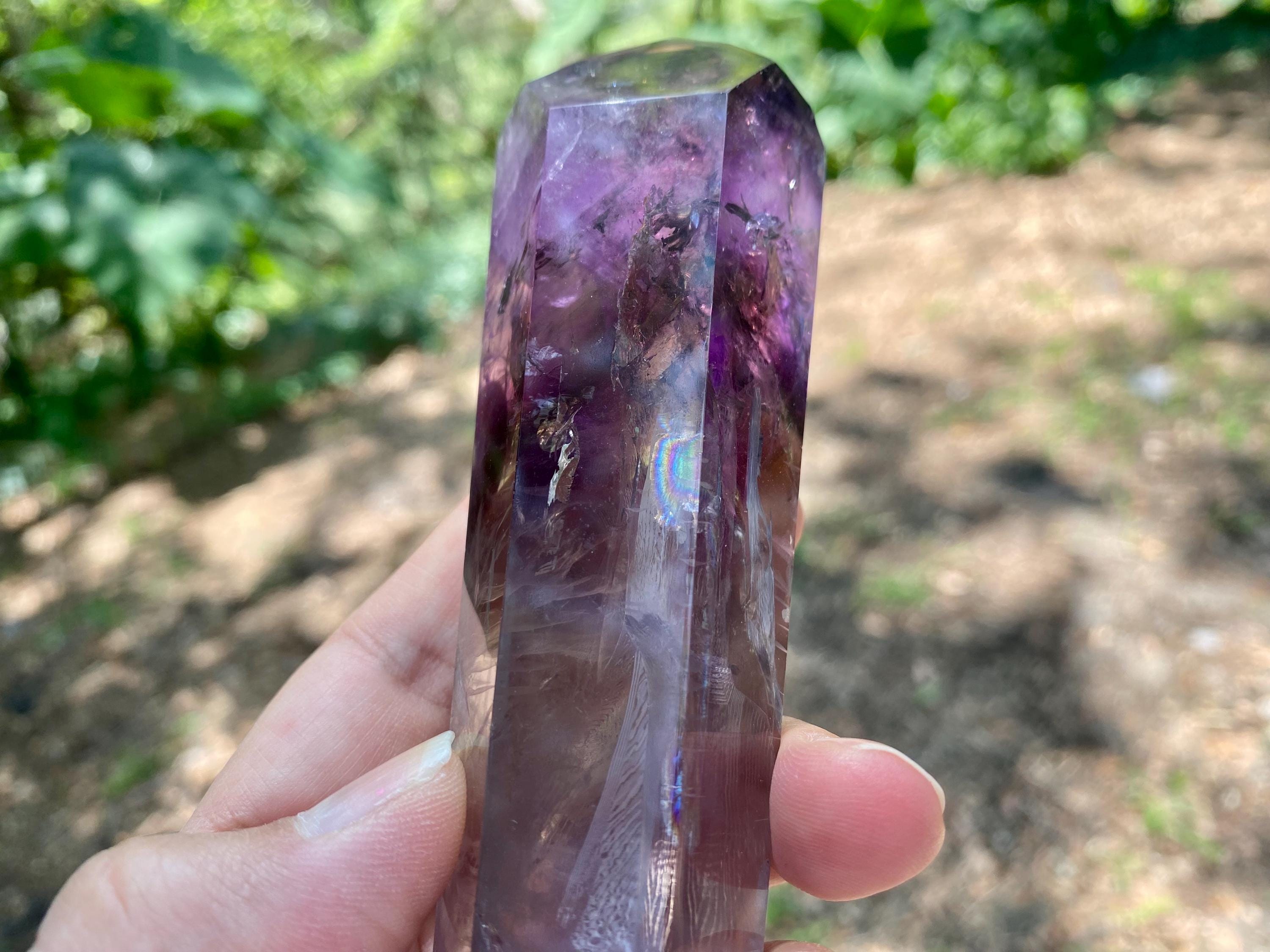 Polished Amethyst Crystal Wand: Brazilian Rainbow Phantom Quartz, stunning piece, great companion for energy work; reiki, Akash, chakras...
